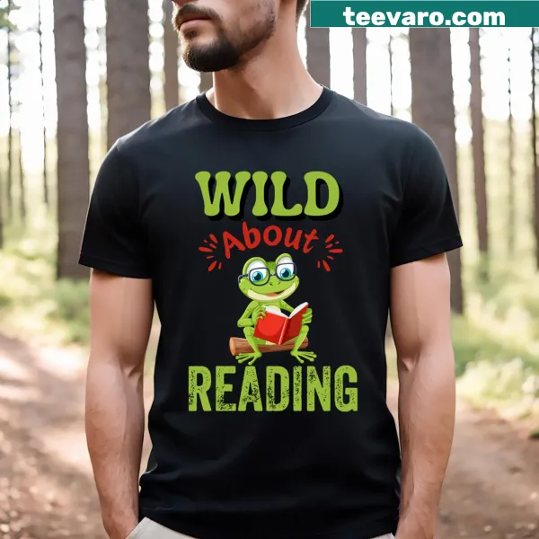 Cartoon frog with glasses and book, 'Wild About Reading' text