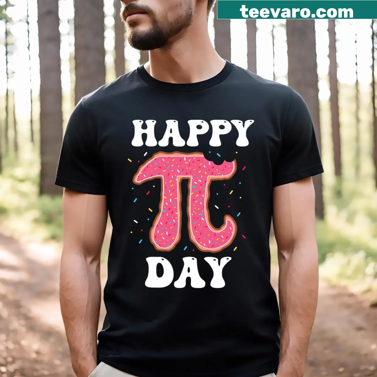 Cartoon donut T-shirt featuring the Pi symbol for Pi Day — on a men's t-shirt