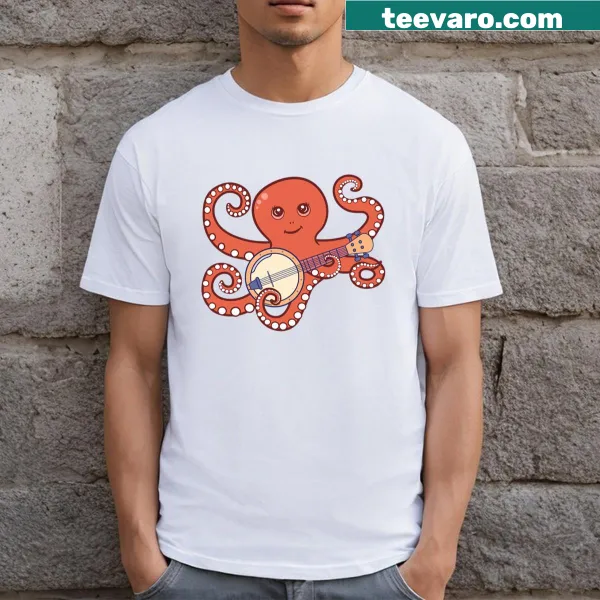 Cartoon T-shirt featuring an adorable octopus playing the banjo