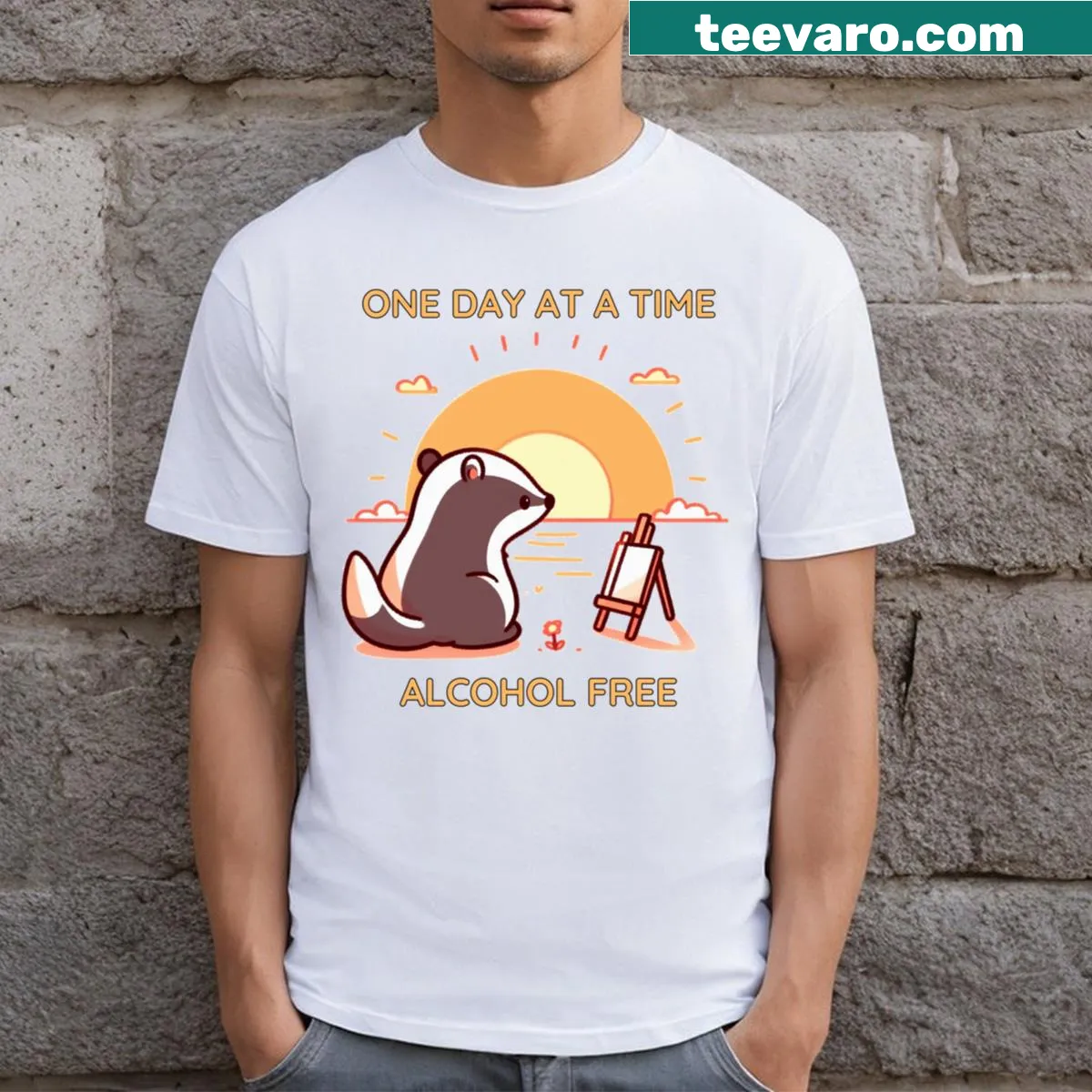 Quirky Alcoholics Anonymous Badger T-shirt featuring a badger illustration — on a men's t-shirt
