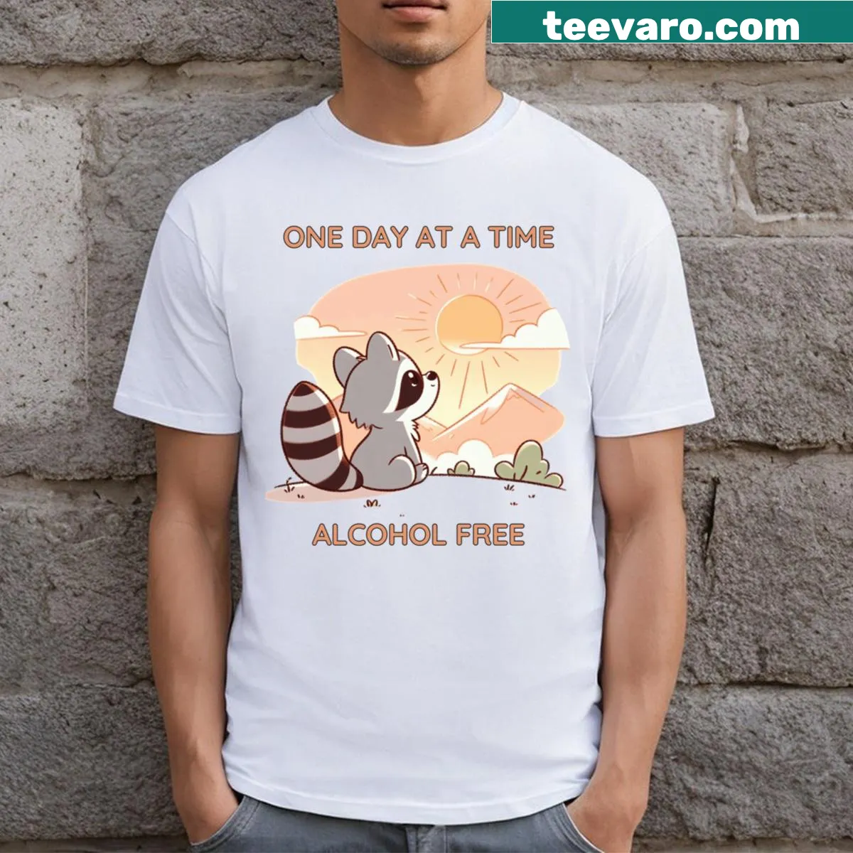 Playful Alcoholics Anonymous Raccoon T-shirt with whimsical raccoon graphic — on a men's t-shirt