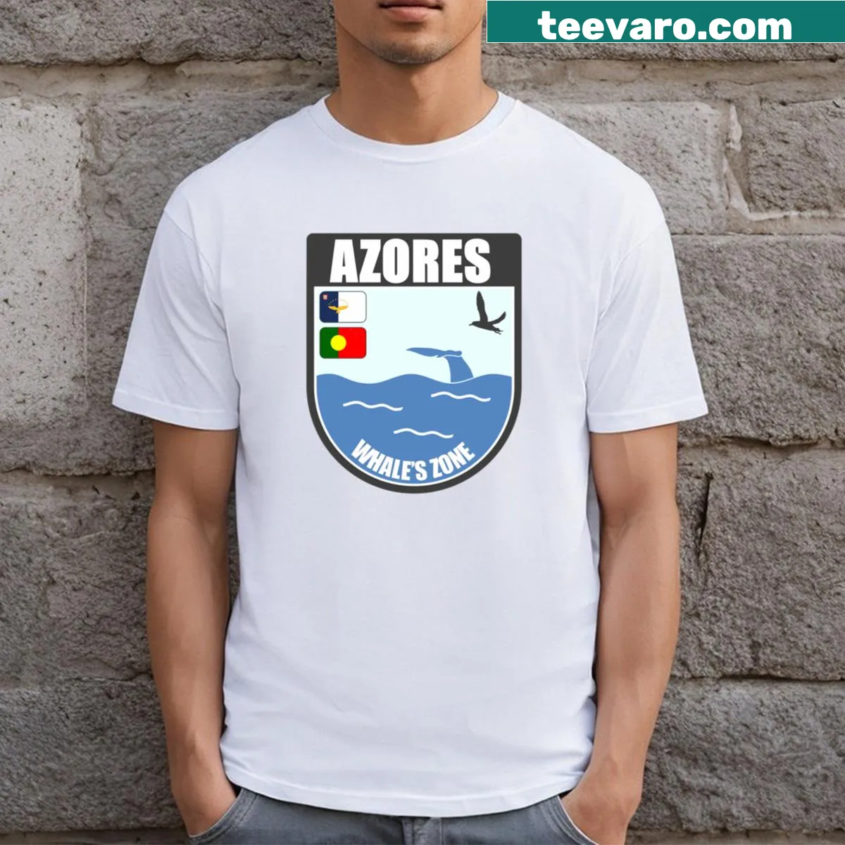 Azores Whale's Zone souvenir illustration T-shirt — on a men's t-shirt