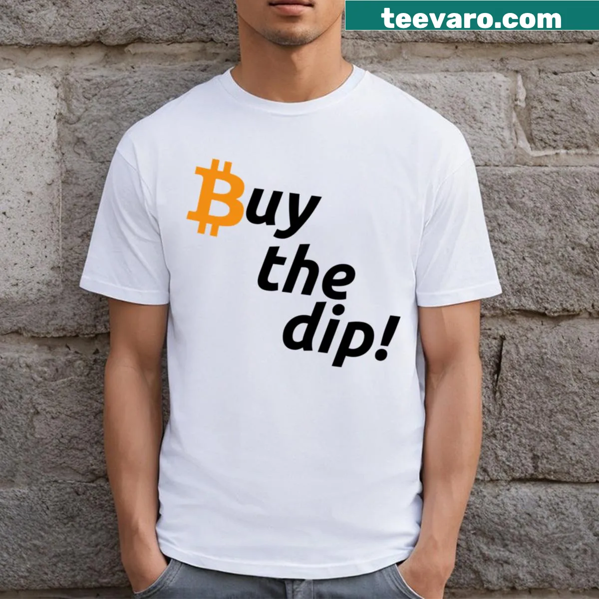 Playful T-shirt with the phrase Bitcoin Buy The Dip in bold typography — on a men's t-shirt