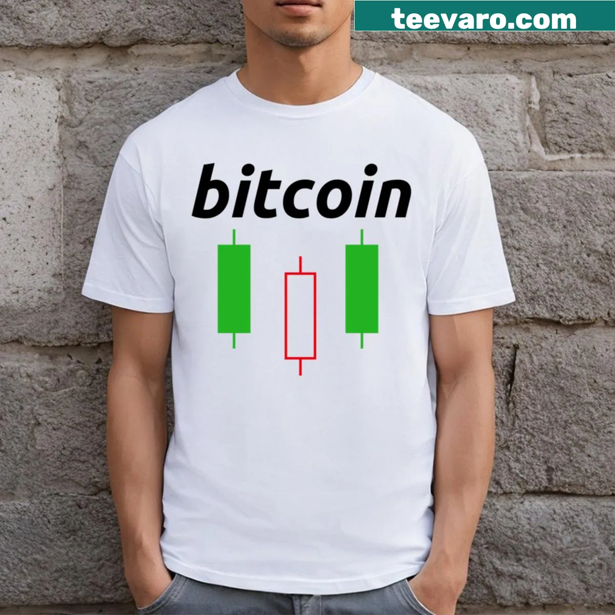 Text 'Bitcoin Candles Essential' on a trading-themed T-shirt — on a men's t-shirt