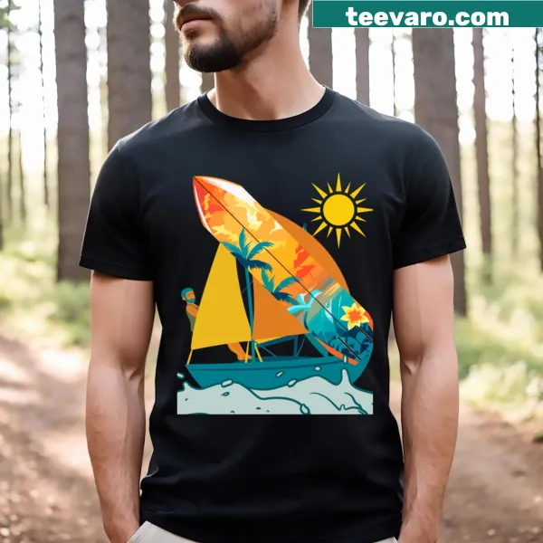 Illustration of a tranquil boat scene on a getaway t-shirt.