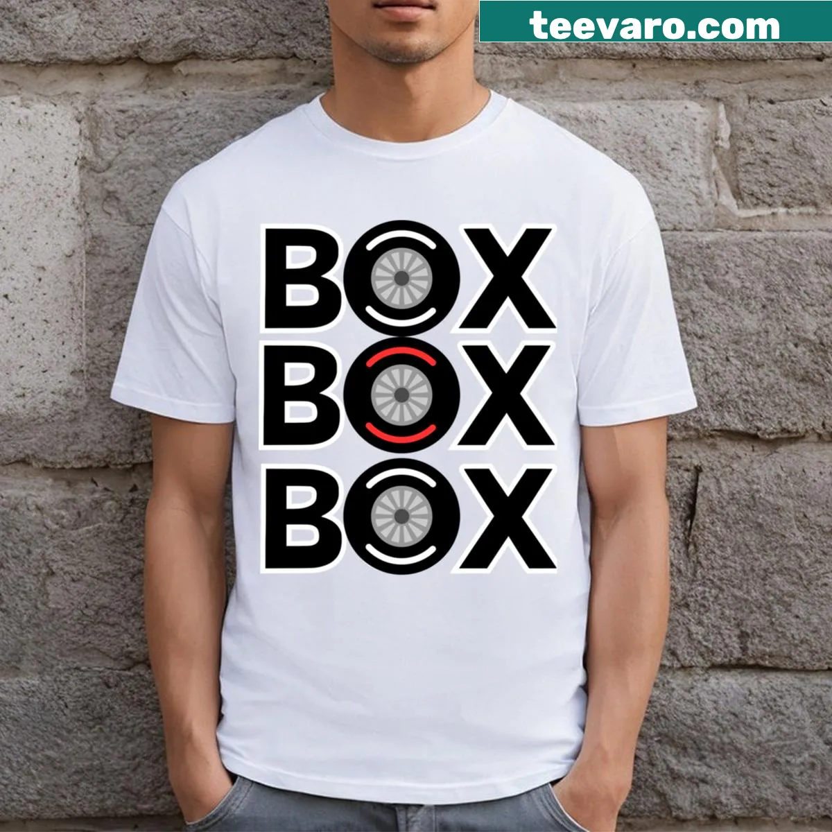 Bold racing car design with tire compound graphics on a t-shirt. — on a men's t-shirt
