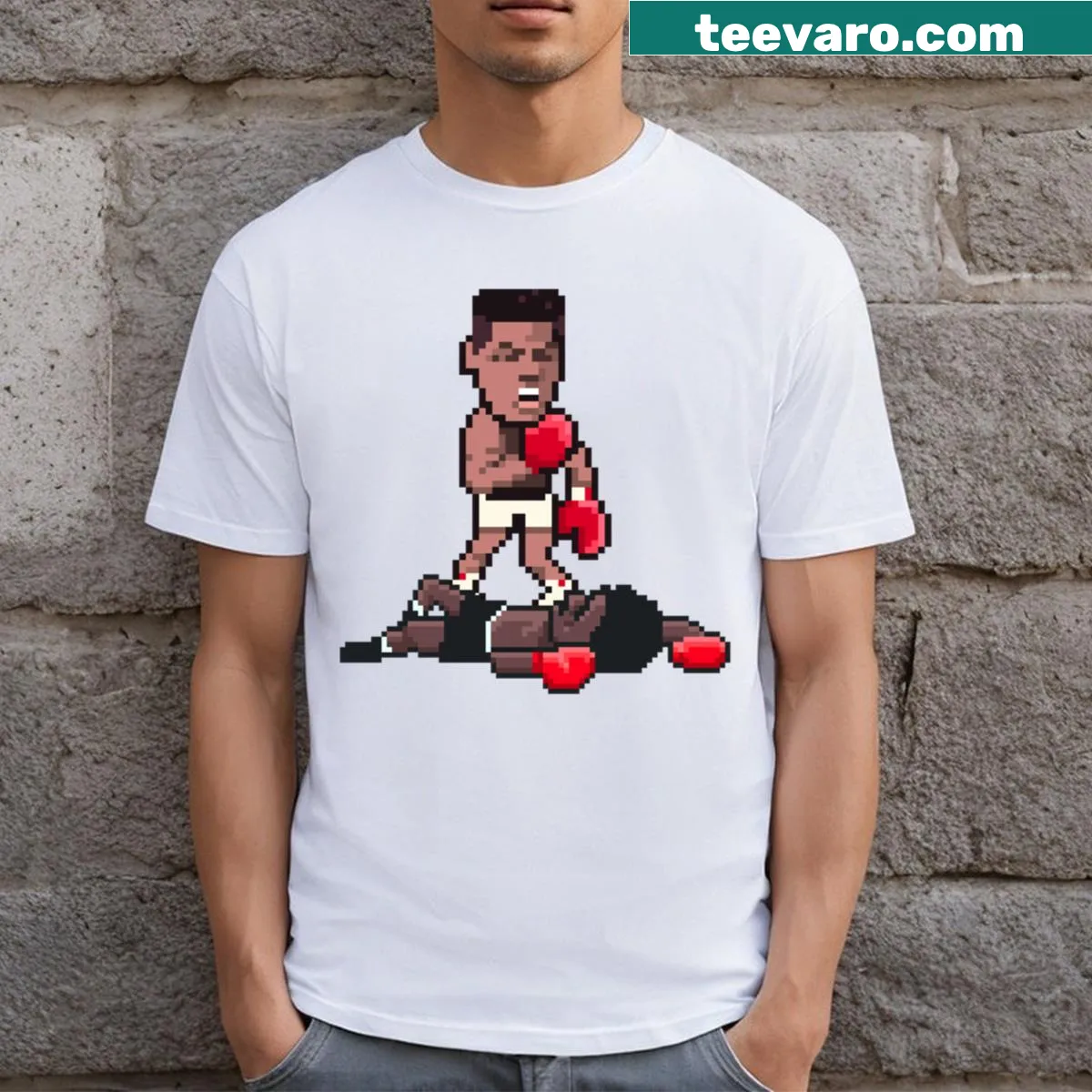 Retro pixel art graphic of boxing elements on a t-shirt. — on a men's t-shirt