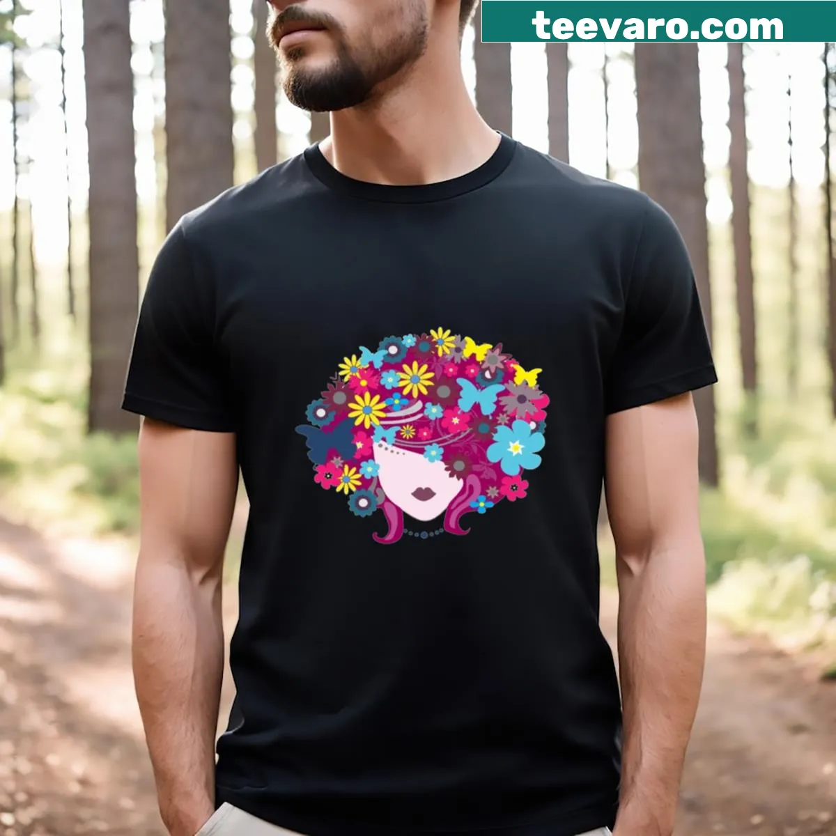 Illustrative T-shirt featuring a butterfly head design — on a men's t-shirt