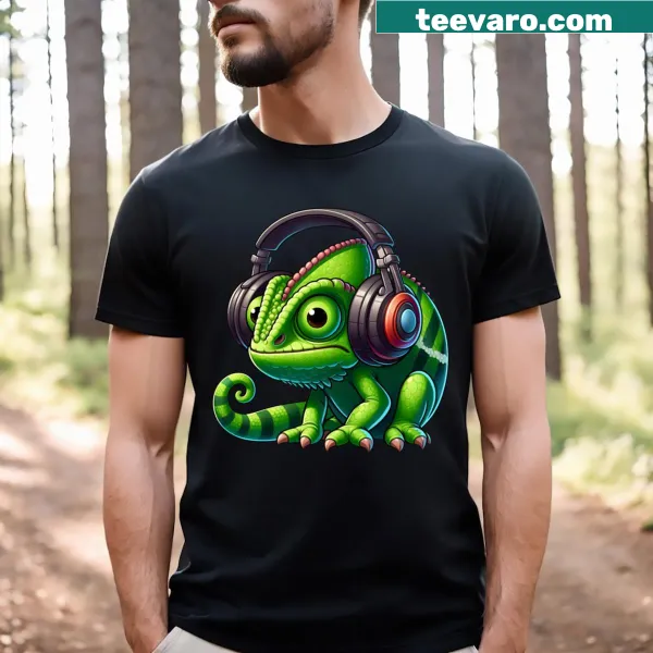 Cartoon chameleon with headphones illustration on T-shirt