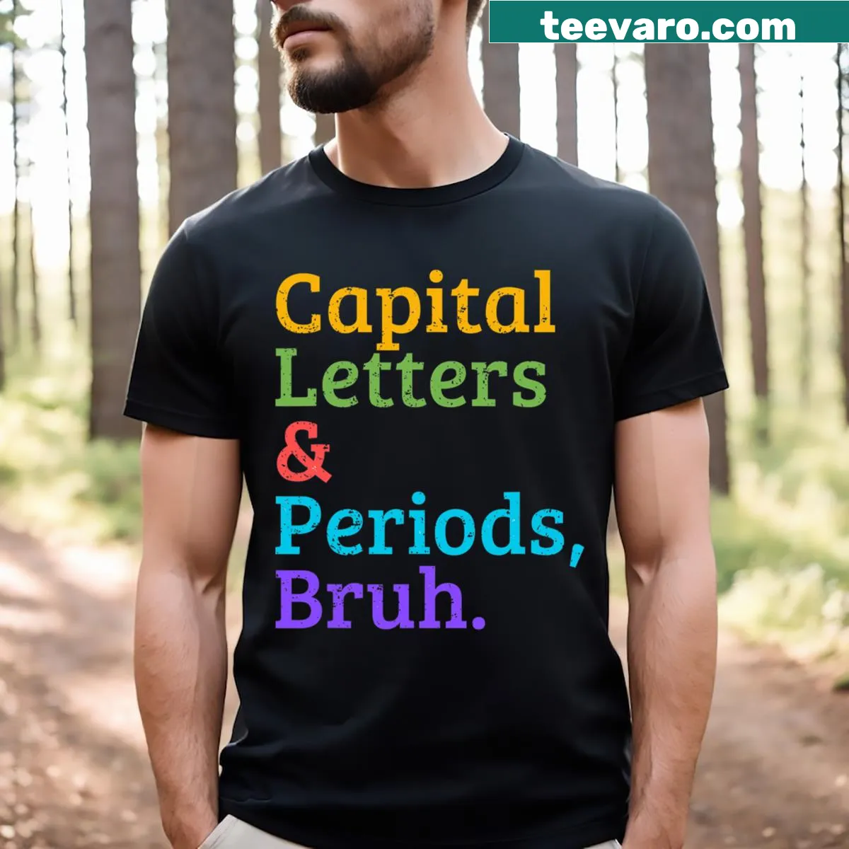Funny t-shirt for teachers with the phrase 'Capital Letters Bruh' — on a men's t-shirt