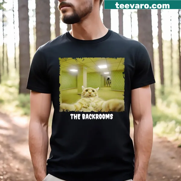 Edgy t-shirt featuring a cat in the Backrooms concept