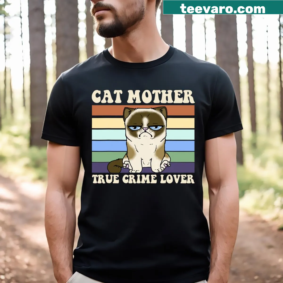 Retro T-shirt for cat moms who love true crime — on a men's t-shirt