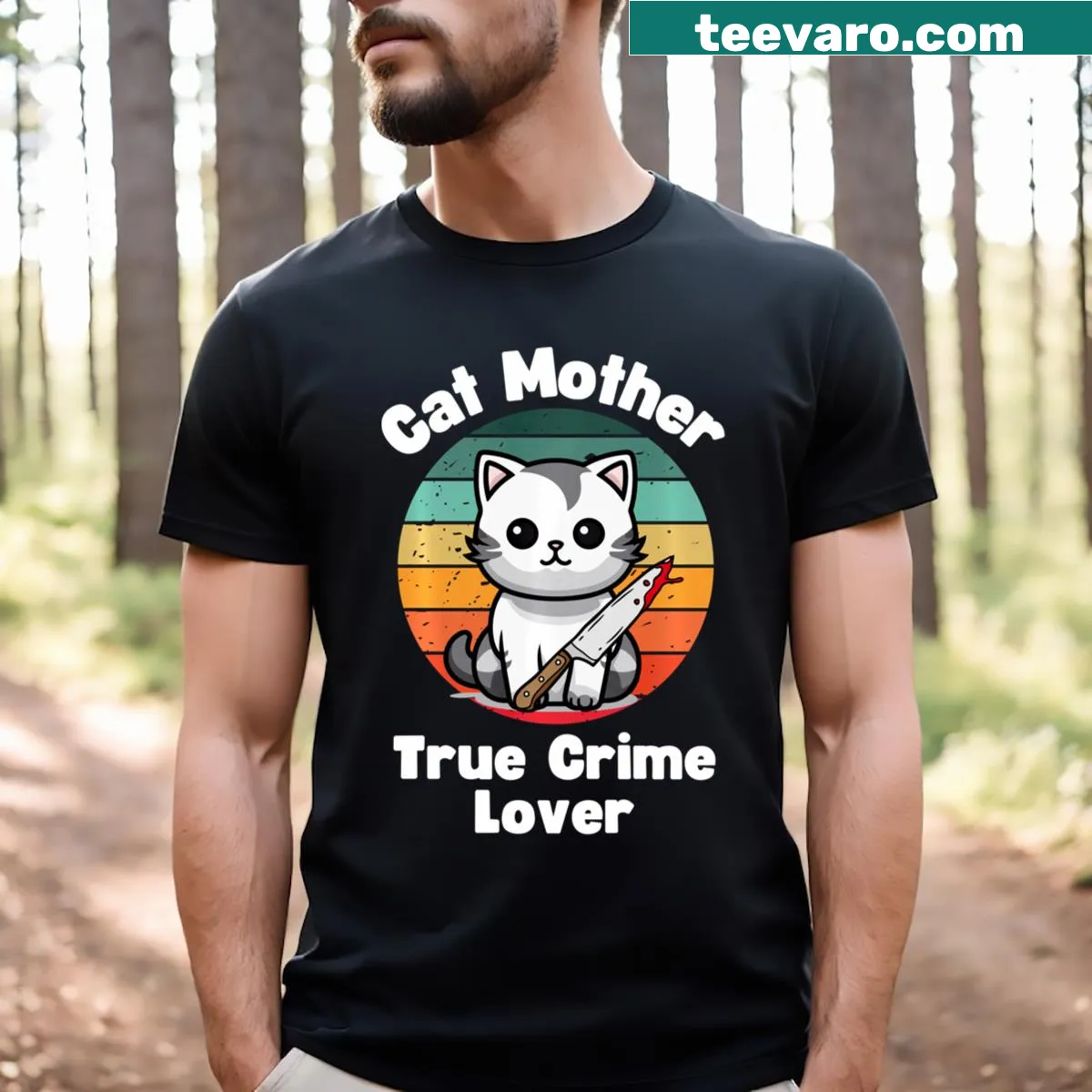 Funny retro T-shirt for cat mothers who love true crime — on a men's t-shirt