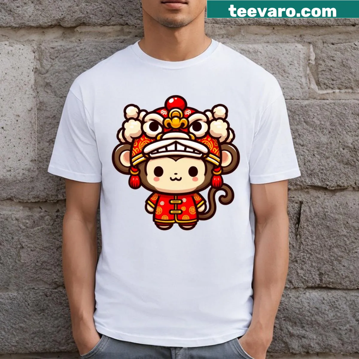 Illustrated t-shirt featuring a charming Chinese Lion Monkey — on a men's t-shirt