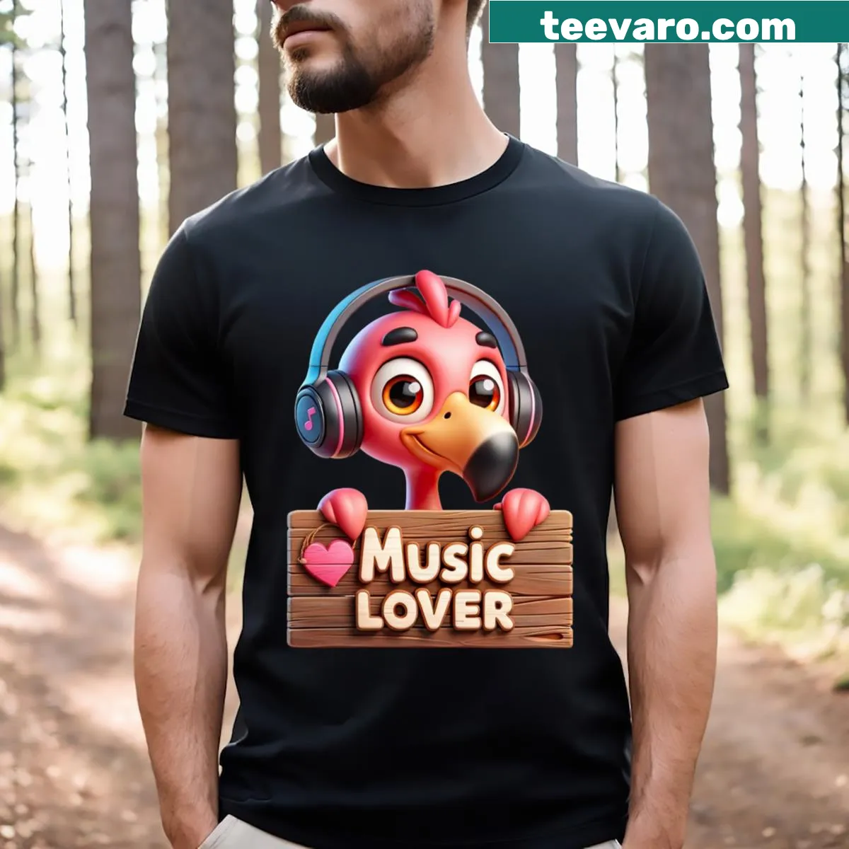 Cute T-shirt with a flamingo enjoying music — on a men's t-shirt