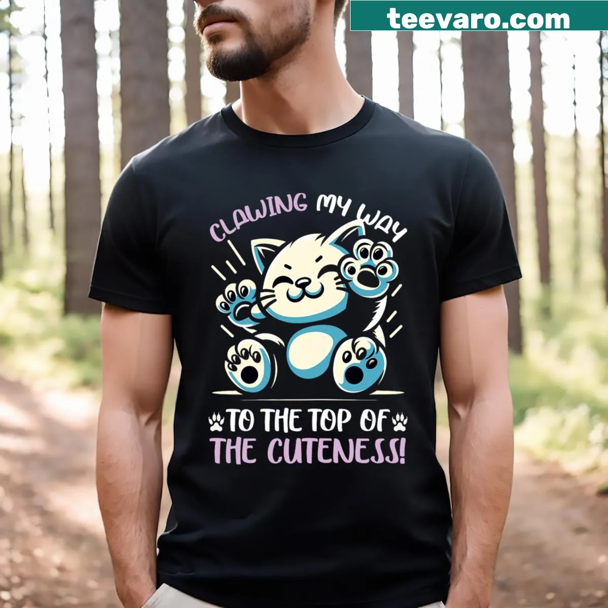 Adorable kitten climbing graphic for cat lovers. — on a men's t-shirt
