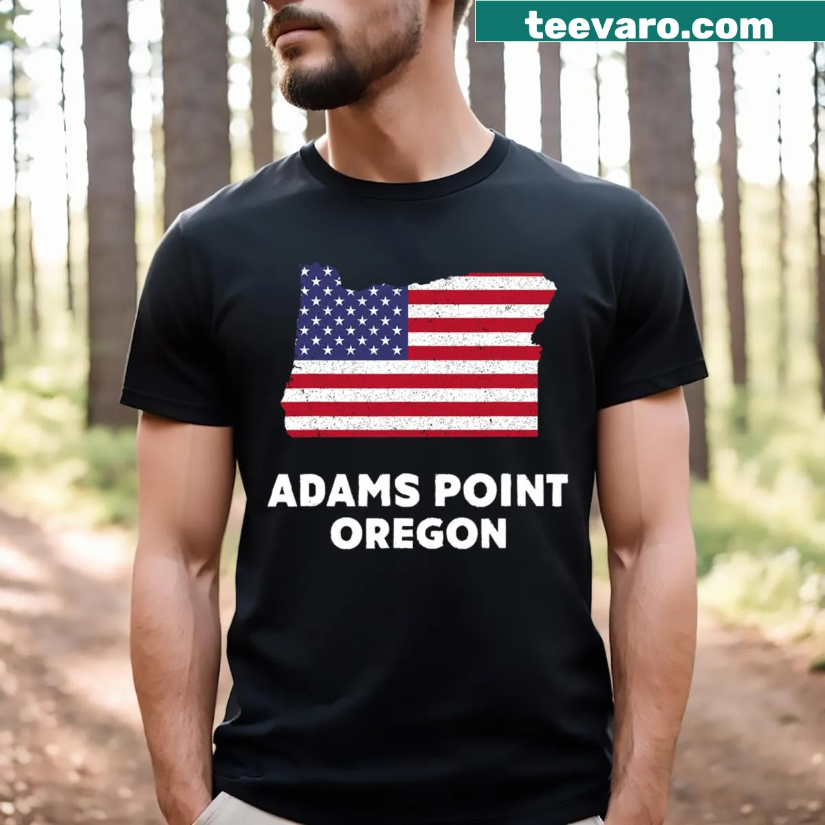 Distressed USA flag t-shirt representing Adams Point, Oregon — on a men's t-shirt