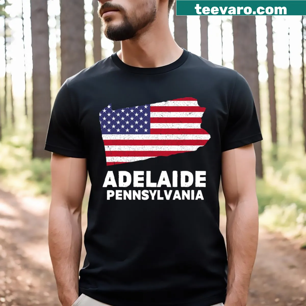 Vintage USA flag T-shirt representing Adelaide, Pennsylvania — on a men's t-shirt