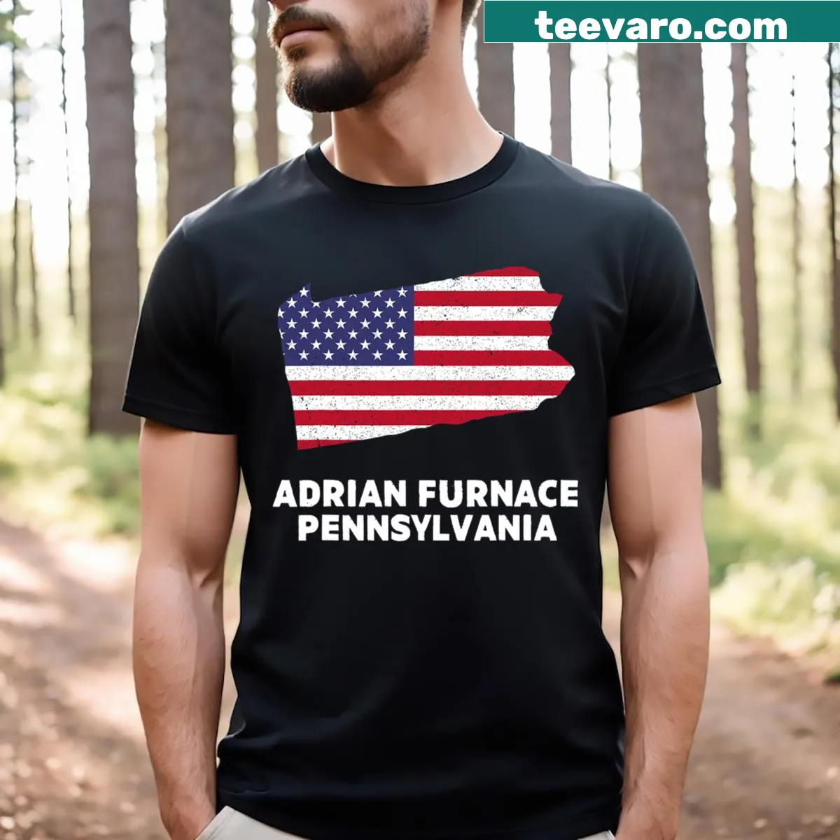 Distressed American flag T-shirt representing Adrian Furnace Pennsylvania — on a men's t-shirt