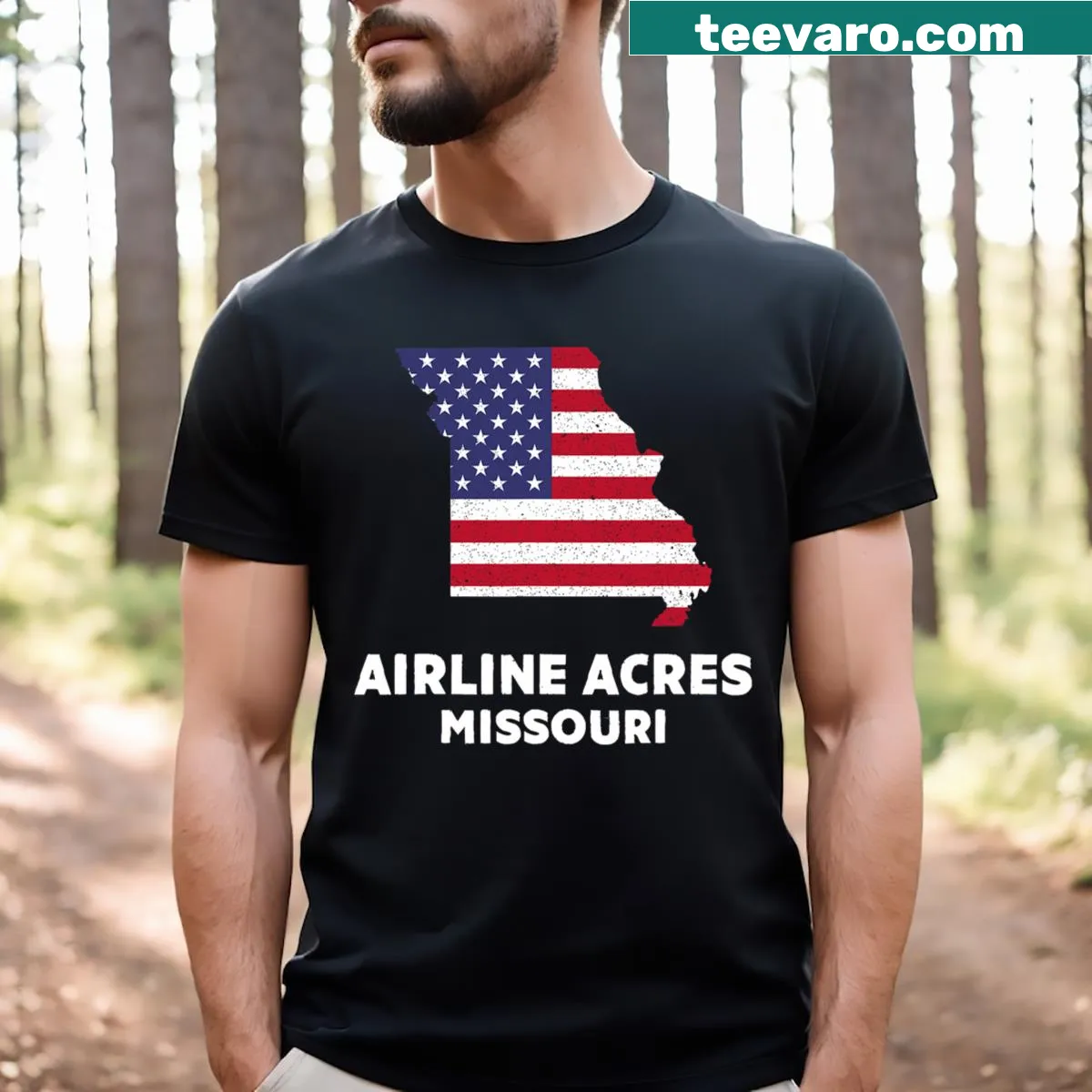 Vintage-inspired USA flag t-shirt honoring Airline Acres, Missouri — on a men's t-shirt
