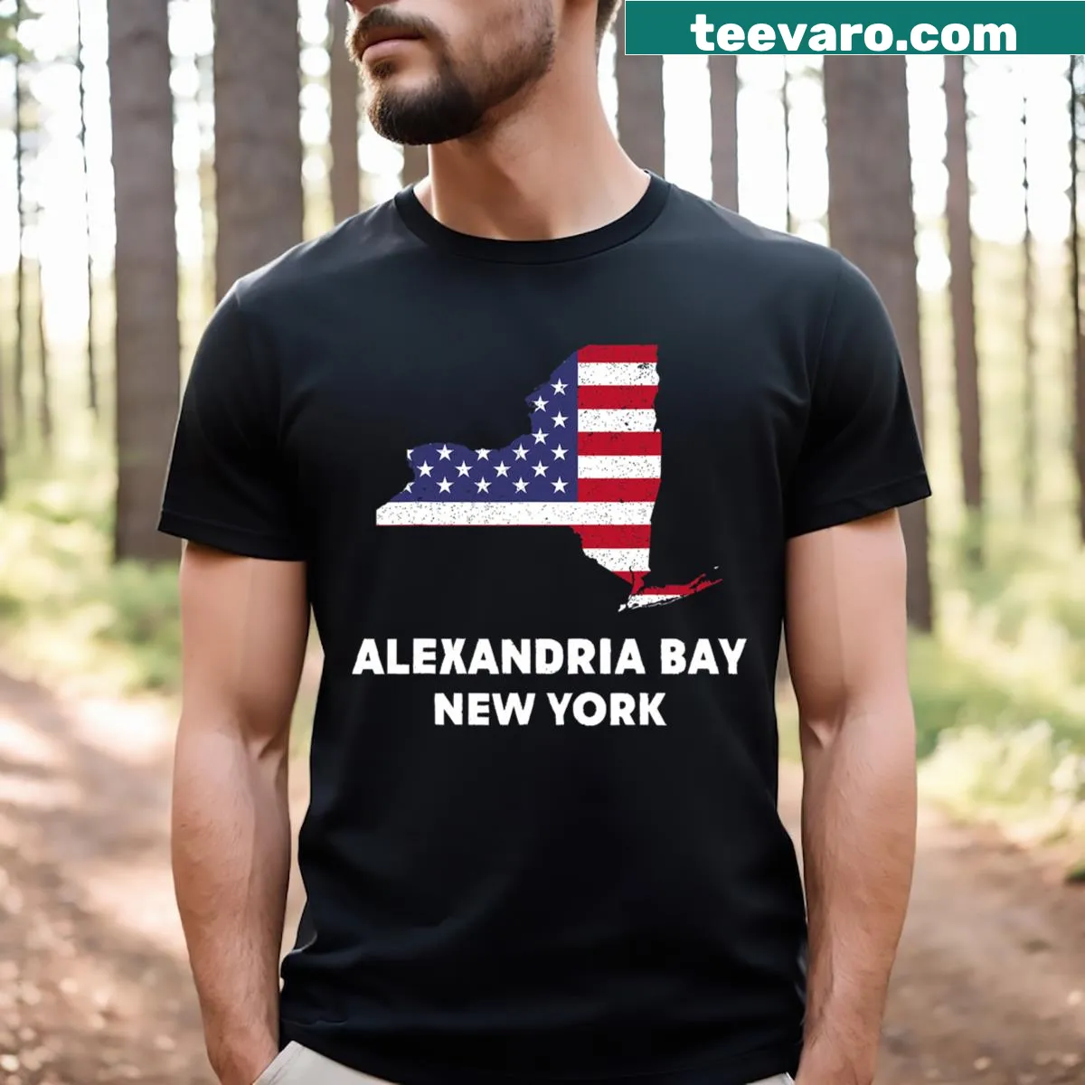 Distressed American flag T-shirt referencing Alexandria Bay New York — on a men's t-shirt