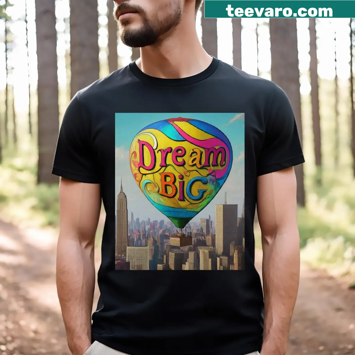 Inspirational city-themed t-shirt with 'Dream Big In The City' text — on a men's t-shirt