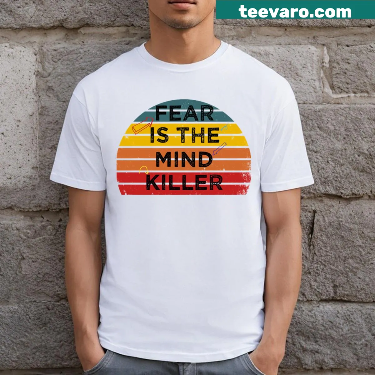 Thought-provoking t-shirt with the phrase 'Fear Is The Mind Killer' — on a men's t-shirt