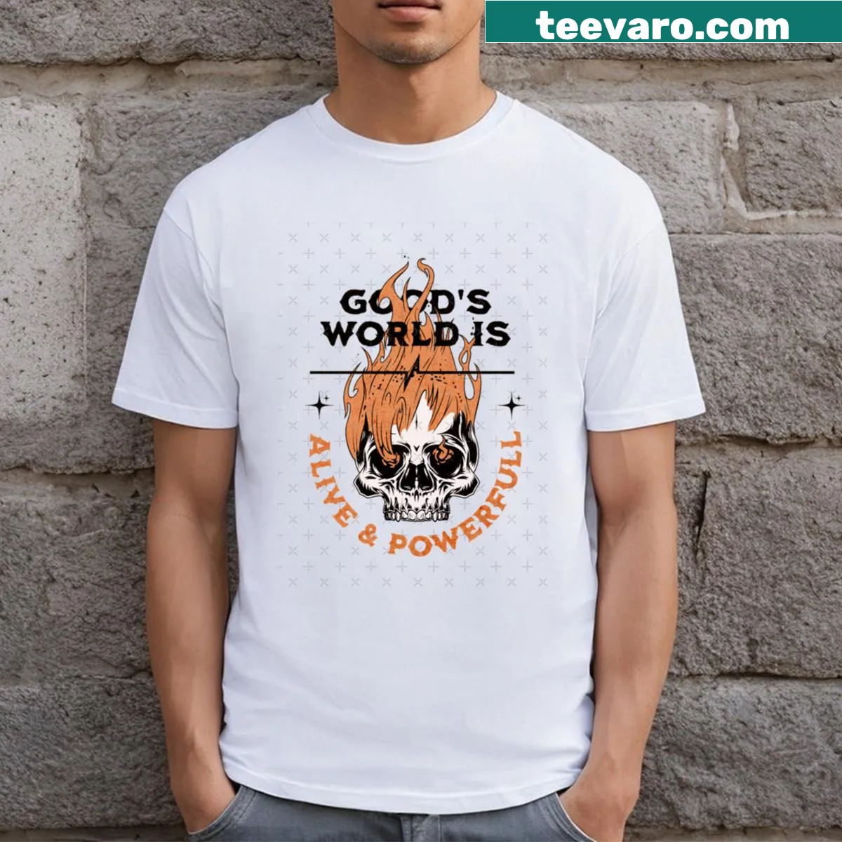 Illustration of a flaming skull on a t-shirt — on a men's t-shirt
