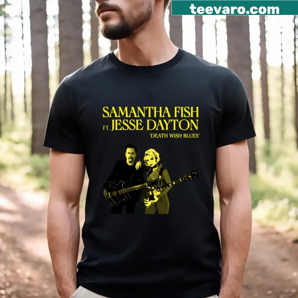 Illustration of fish and musical notes blended together on a T-shirt.