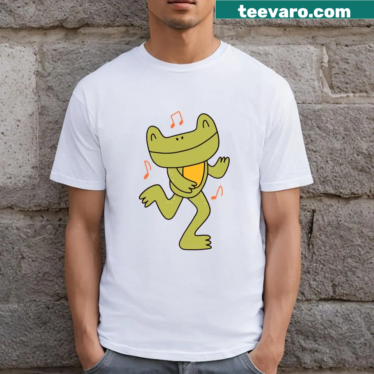 T-shirt featuring a cartoon frog dancing joyfully — on a men's t-shirt