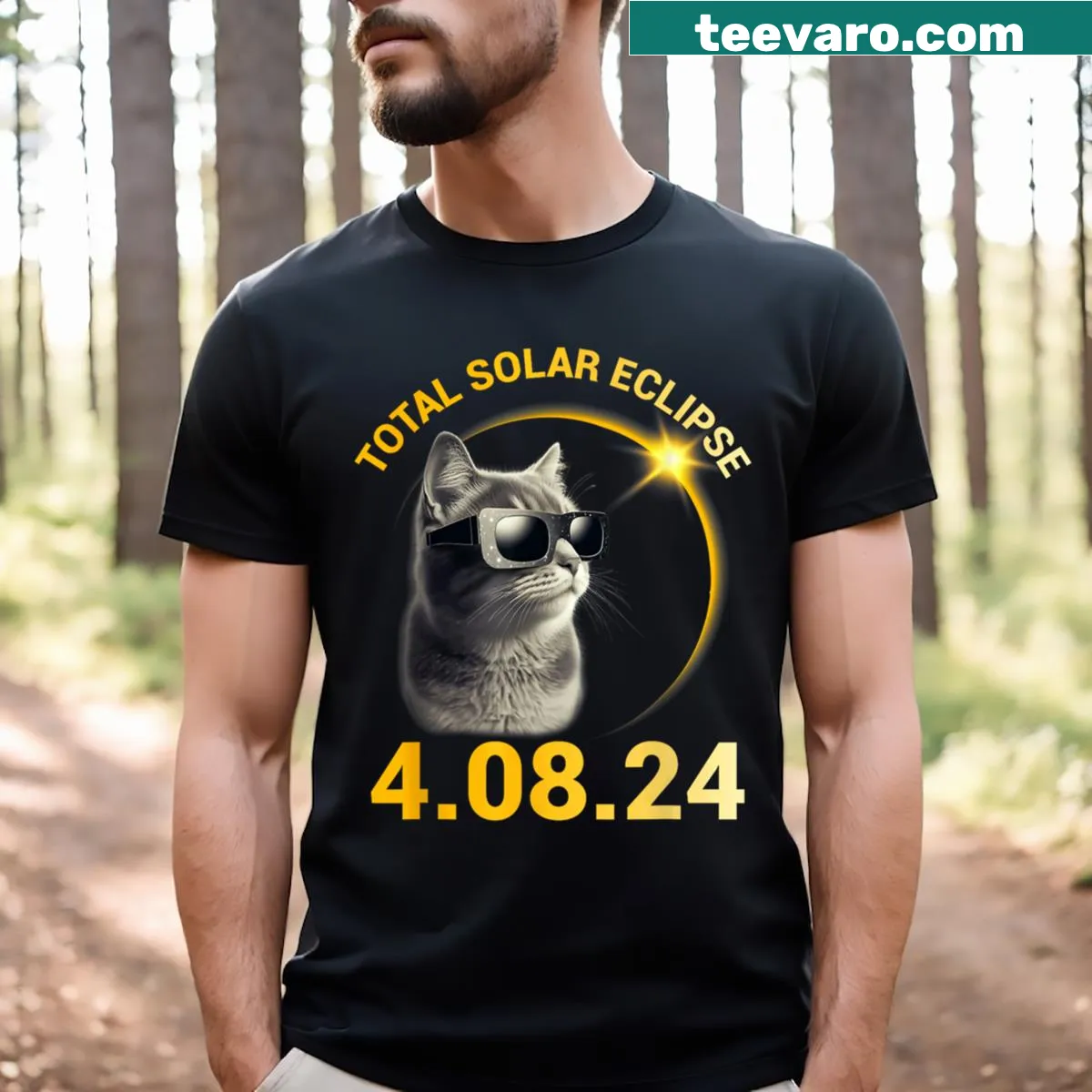 Cartoon cat in eclipse glasses, humorously styled for selfies — on a men's t-shirt