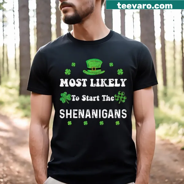 Humorous St. Patrick's Day T-shirt inviting shenanigans