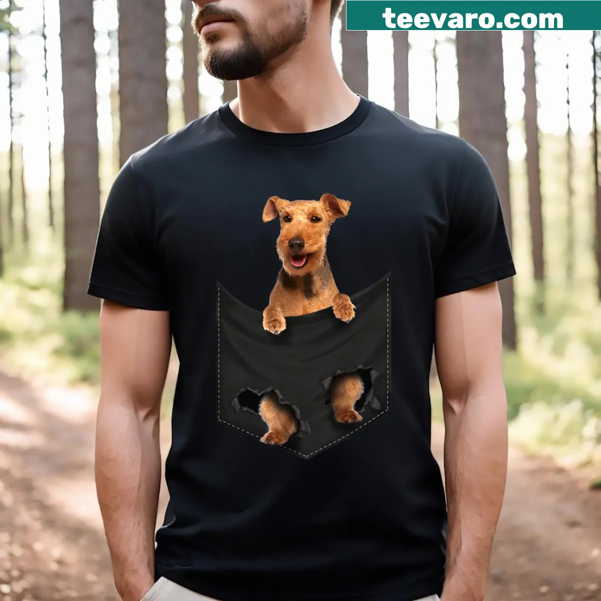 Illustration of a Welsh Terrier peeking out of a pocket on a t-shirt — on a men's t-shirt