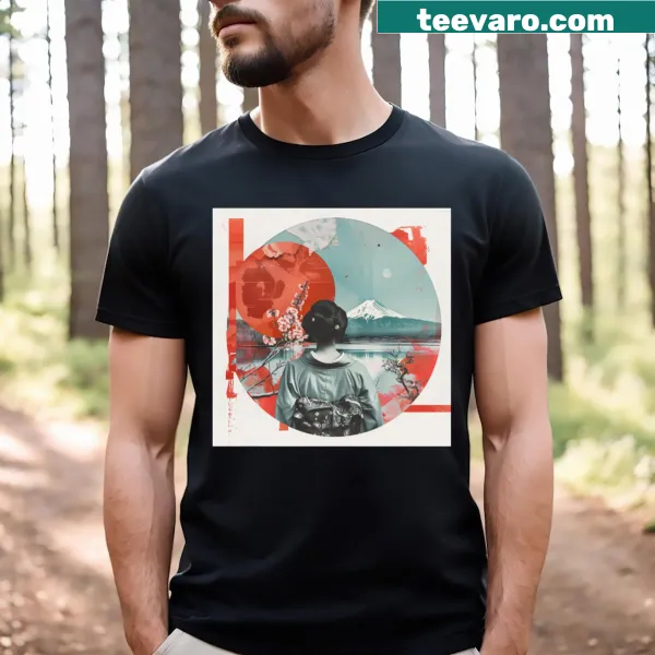 T-shirt featuring a Geisha, cherry blossoms, and Mount Fuji collage