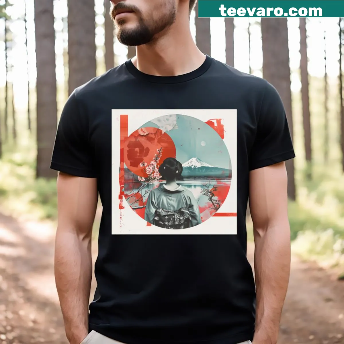 T-shirt featuring a Geisha, cherry blossoms, and Mount Fuji collage — on a men's t-shirt