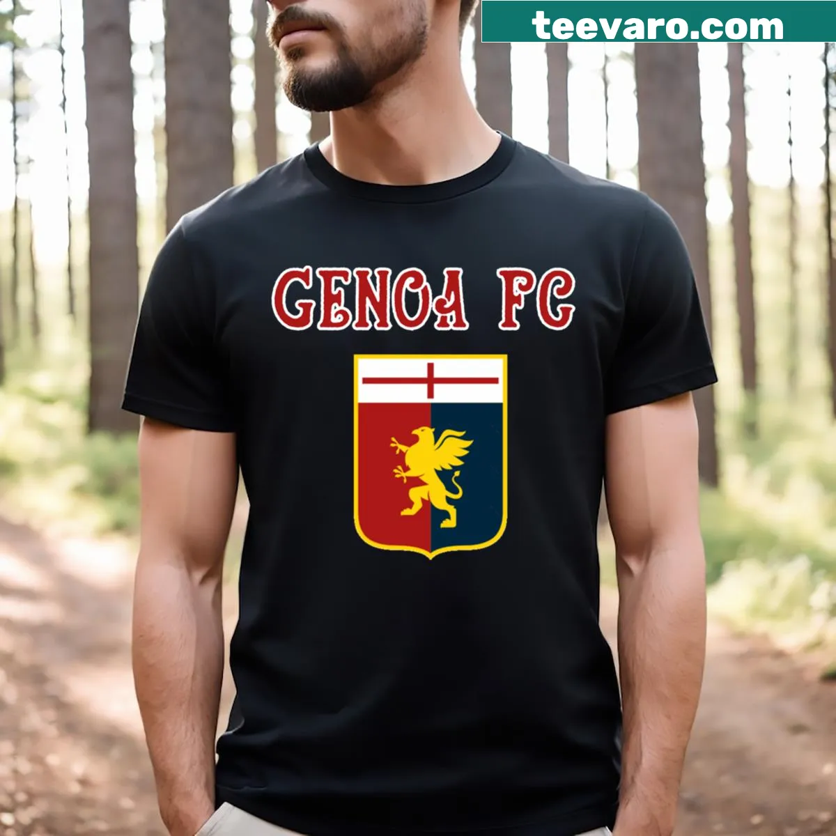 T-shirt featuring the emblem of Genoa FC for football fans. — on a men's t-shirt