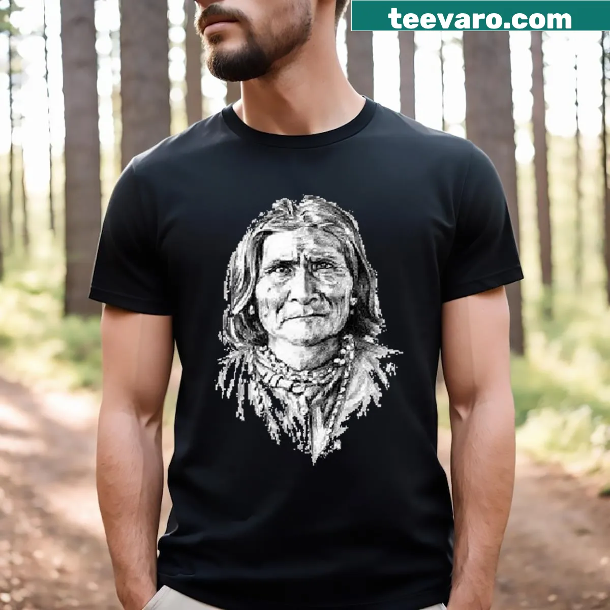 Tribute to Geronimo in bold typography on a t-shirt — on a men's t-shirt