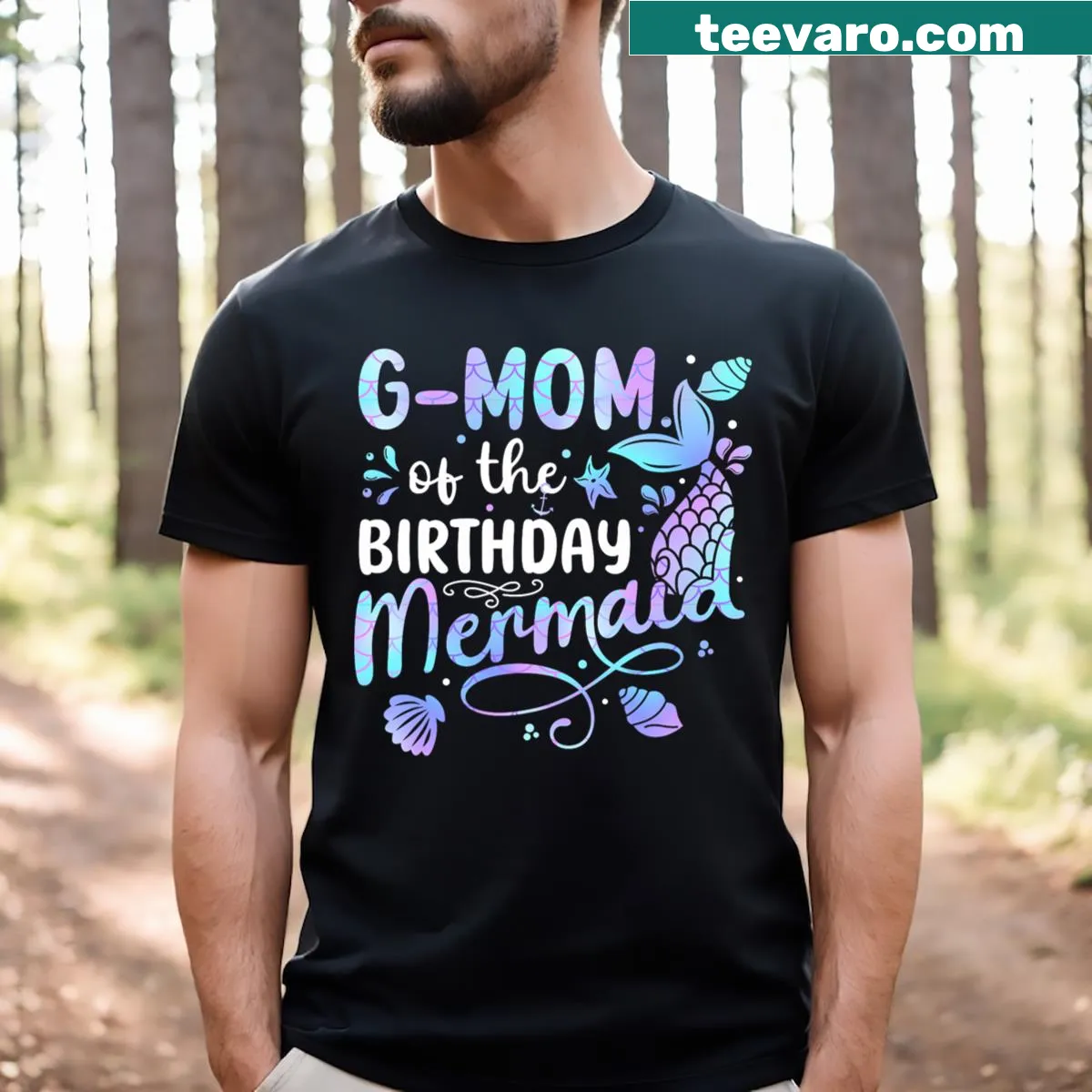 Gmom of the Birthday Mermaid T-shirt with a whimsical mermaid graphic — on a men's t-shirt