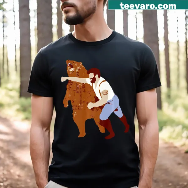 Cartoon T-shirt of a guy playfully punching a bear