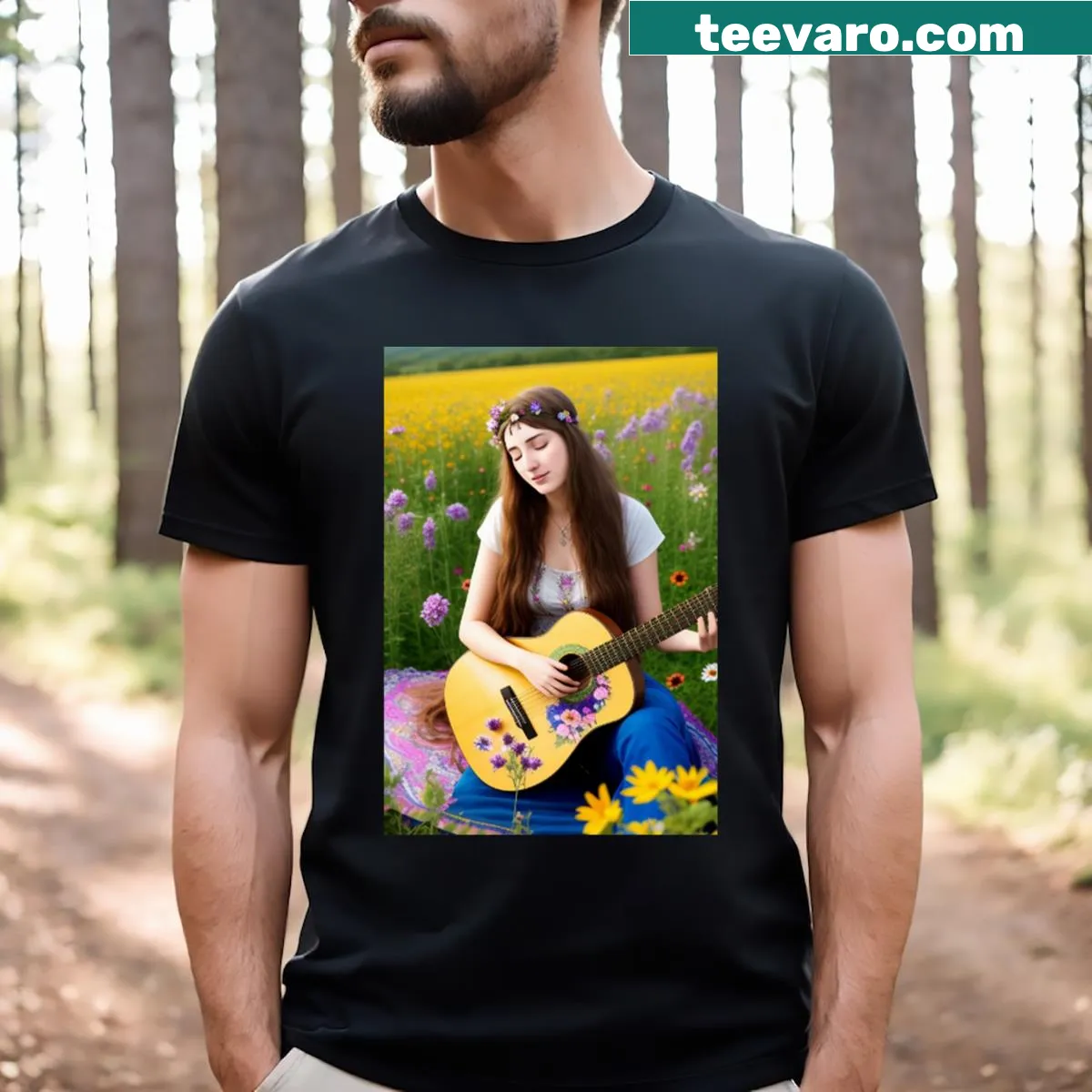 Cute T-shirt of a hippy girl with an acoustic guitar — on a men's t-shirt