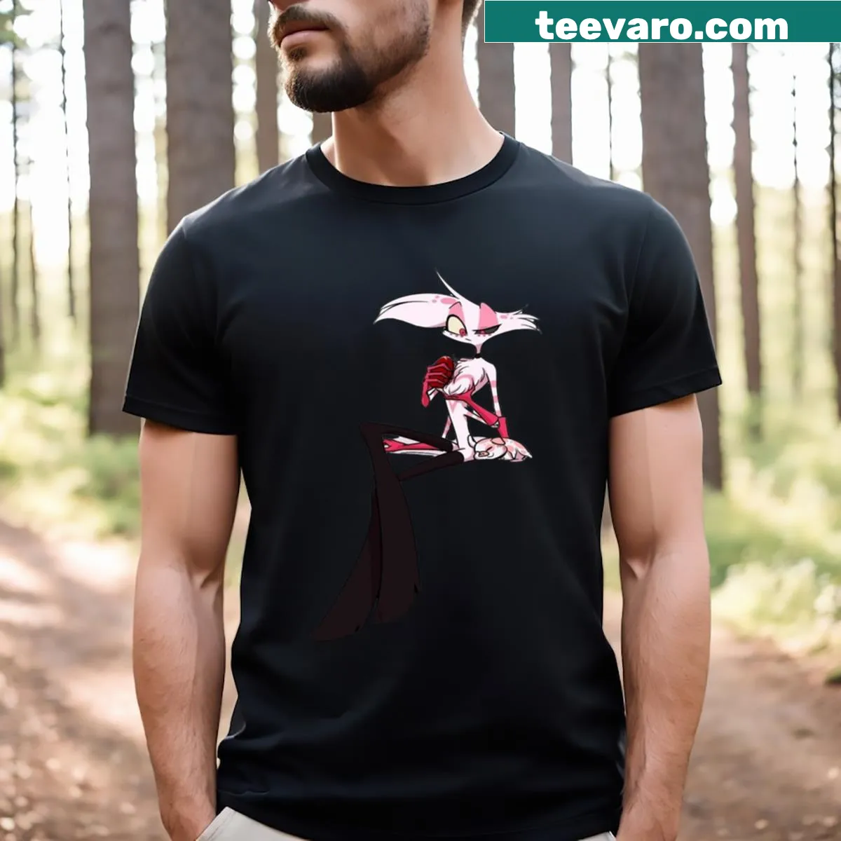 Hazbin Hotel T-shirt featuring the character Angel Dust in a whimsical style — on a men's t-shirt