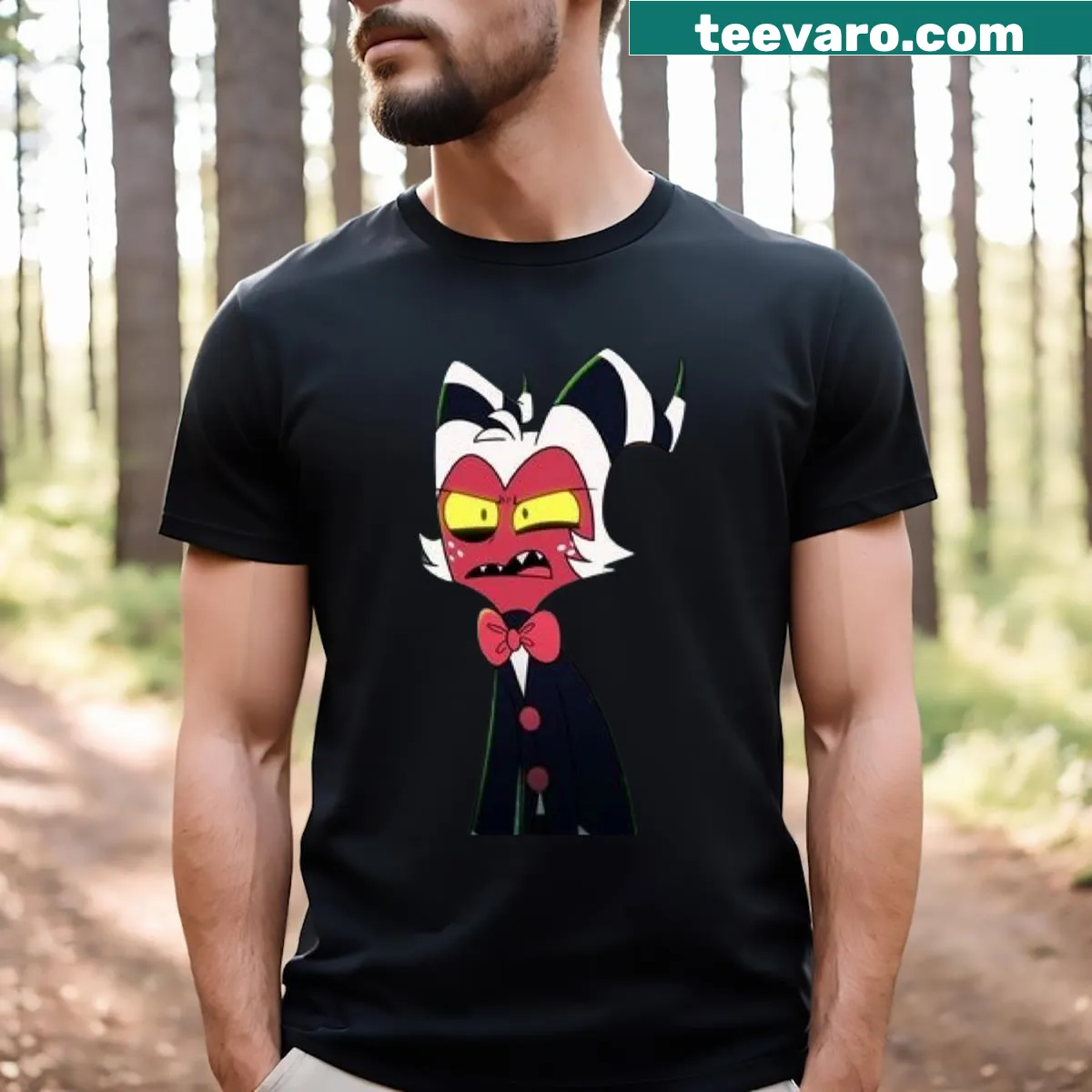 Playful Hazbin Hotel Moxxie t-shirt featuring the character in a cheerful design — on a men's t-shirt