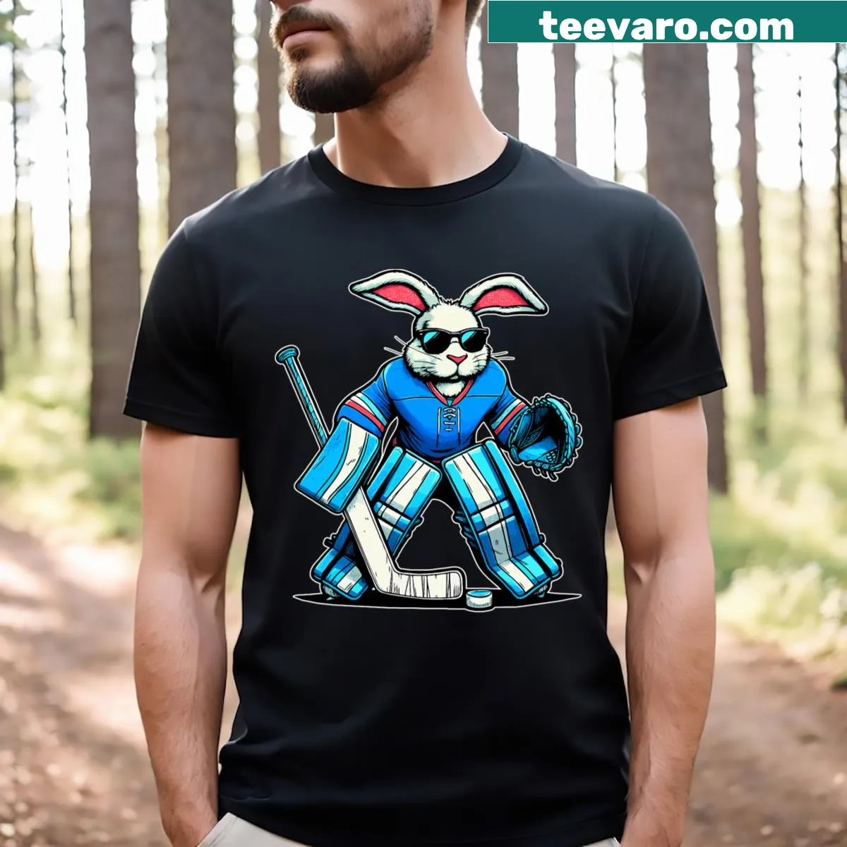 Hockey goalie dressed as an Easter Bunny with eggs — on a men's t-shirt