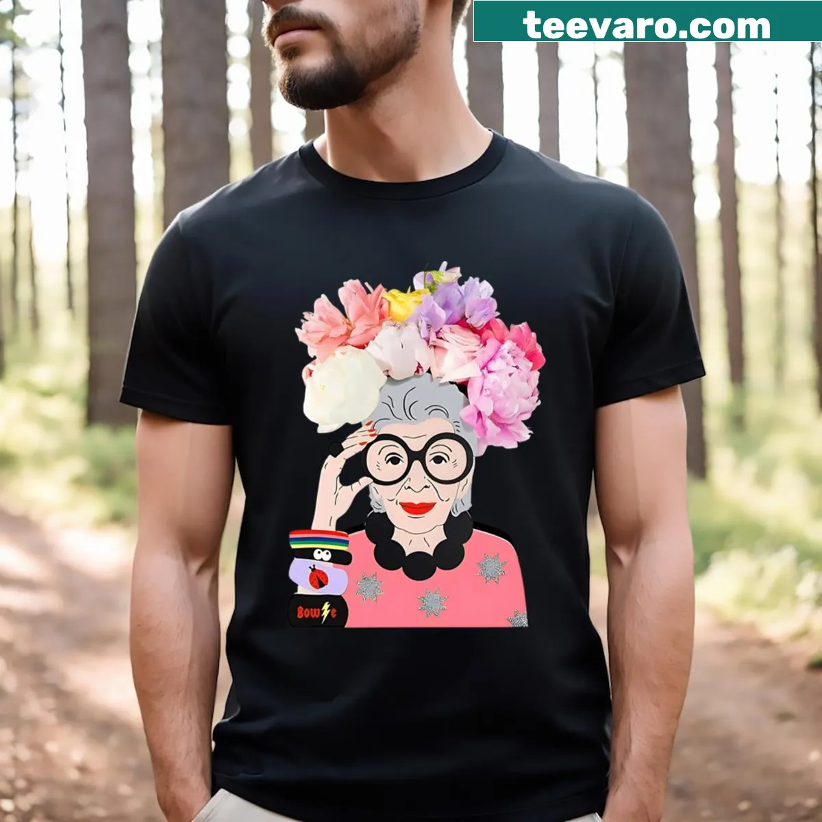 Illustrated designer T-shirt featuring Iris Apfel with flowers — on a men's t-shirt