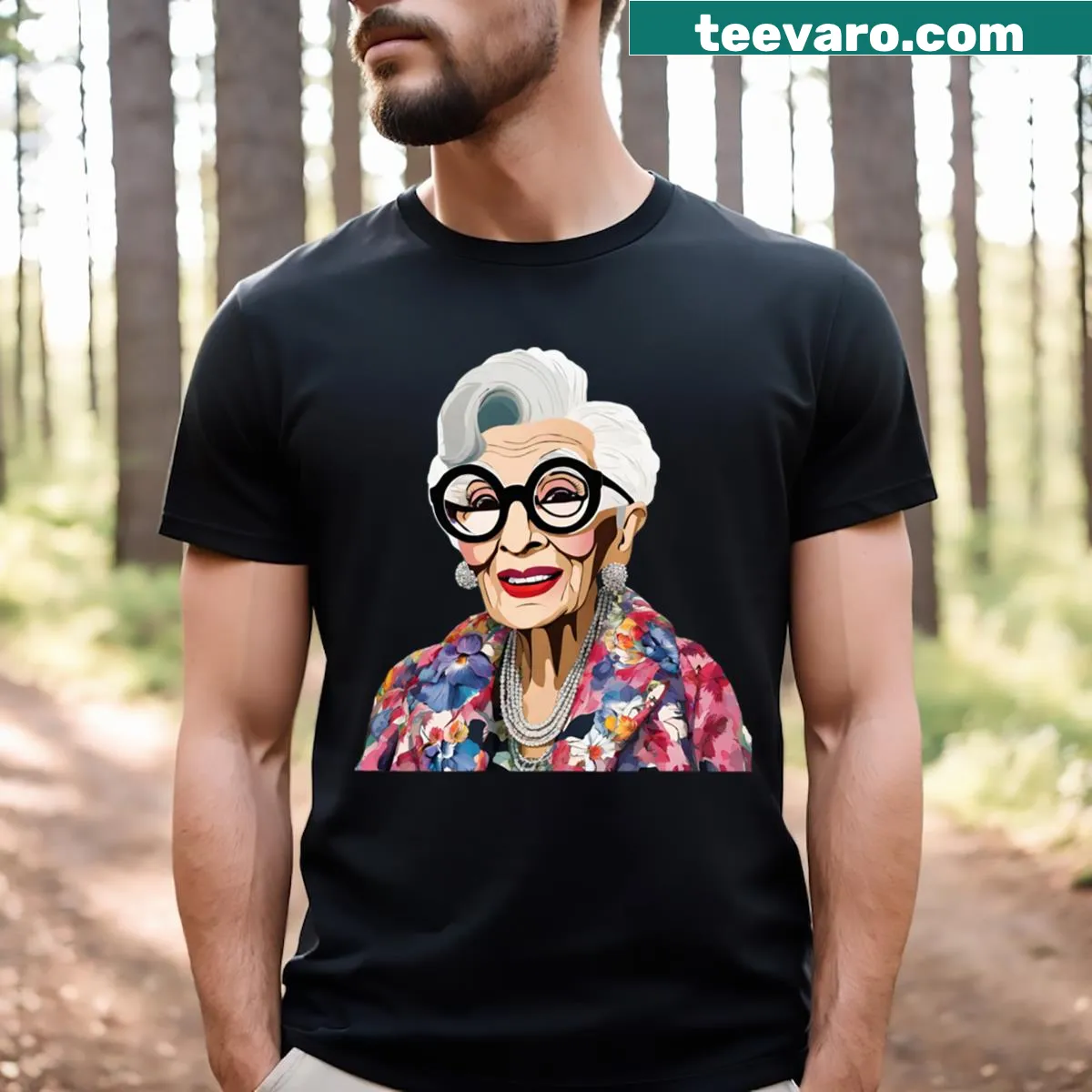 Charming T-shirt design inspired by fashion icon Iris Apfel — on a men's t-shirt