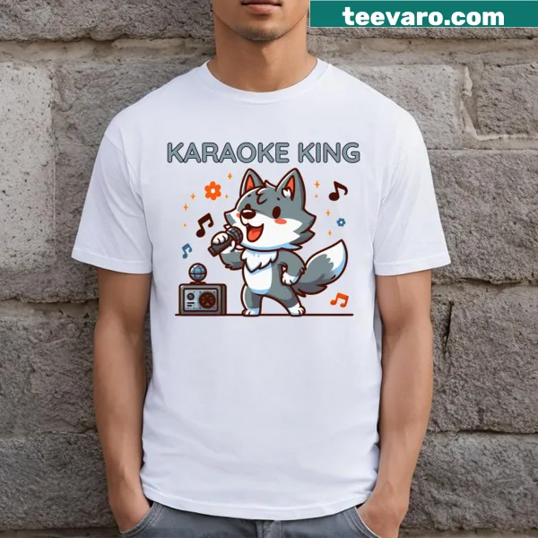 Karaoke T-shirt featuring a wolf graphic singing