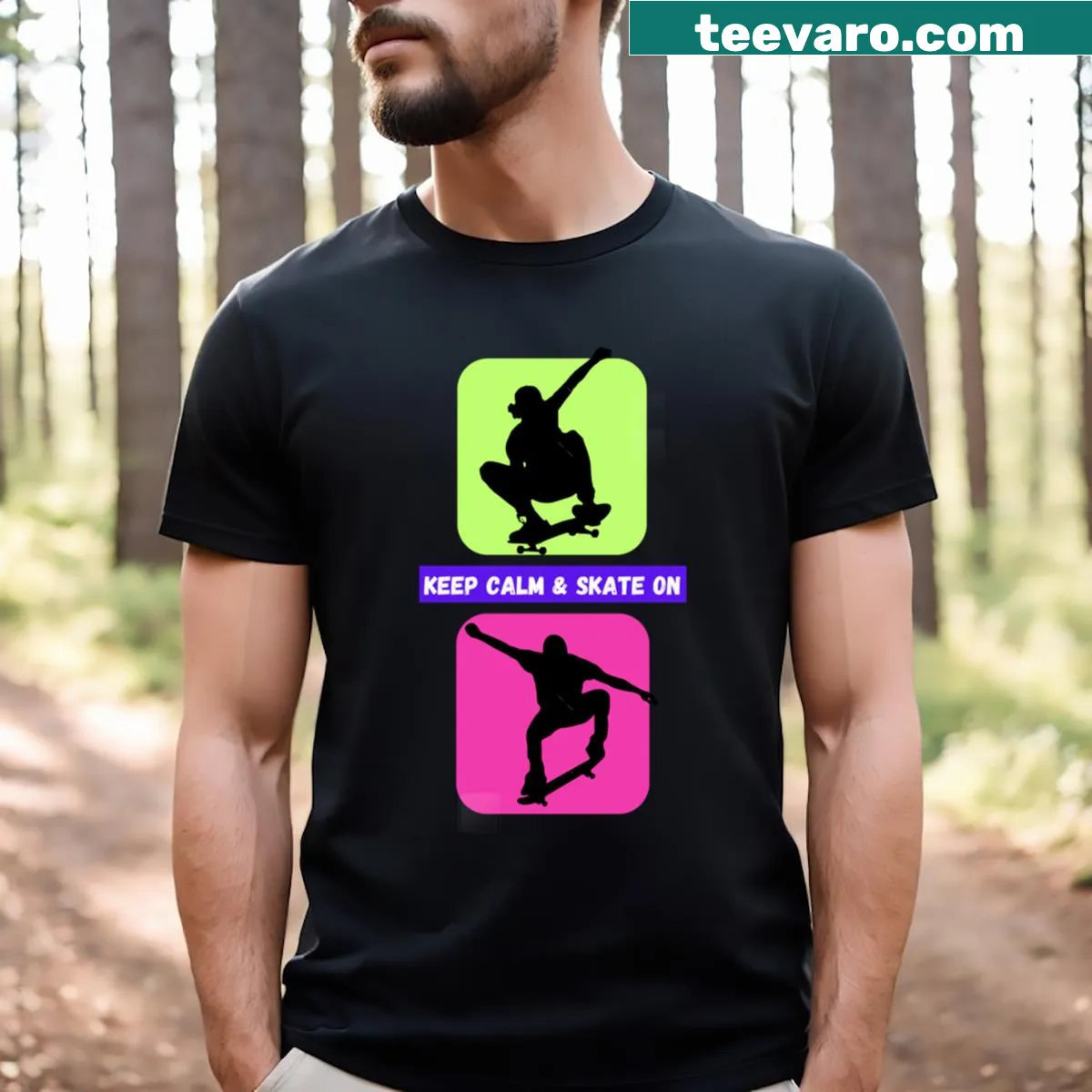 Keep Calm Skate On graphic on T-shirt — on a men's t-shirt