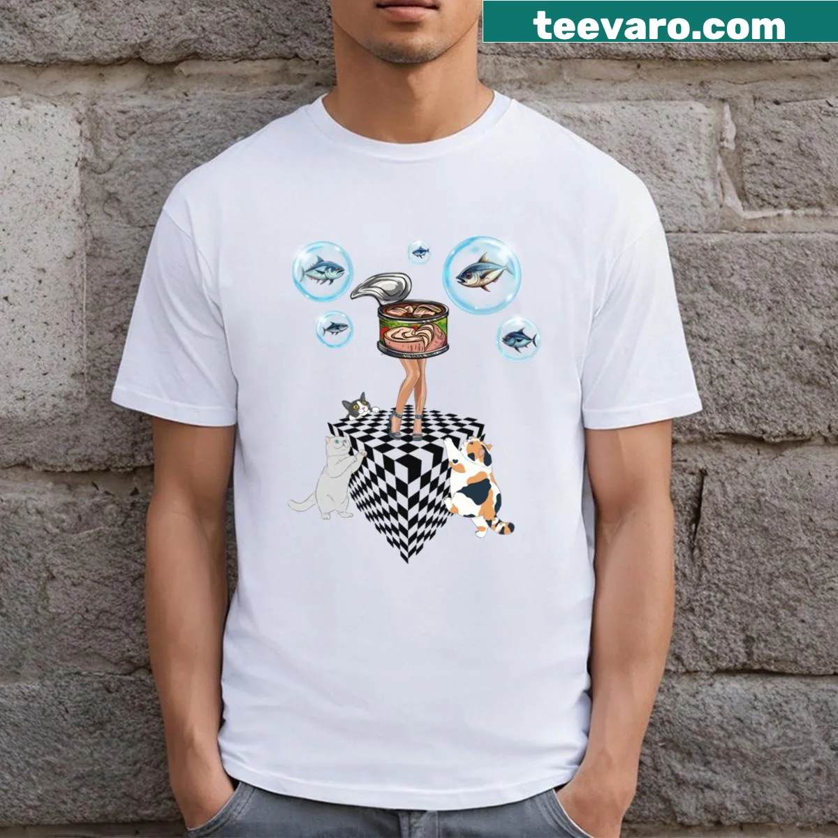 Funny t-shirt with a cartoon cat loving tuna — on a men's t-shirt
