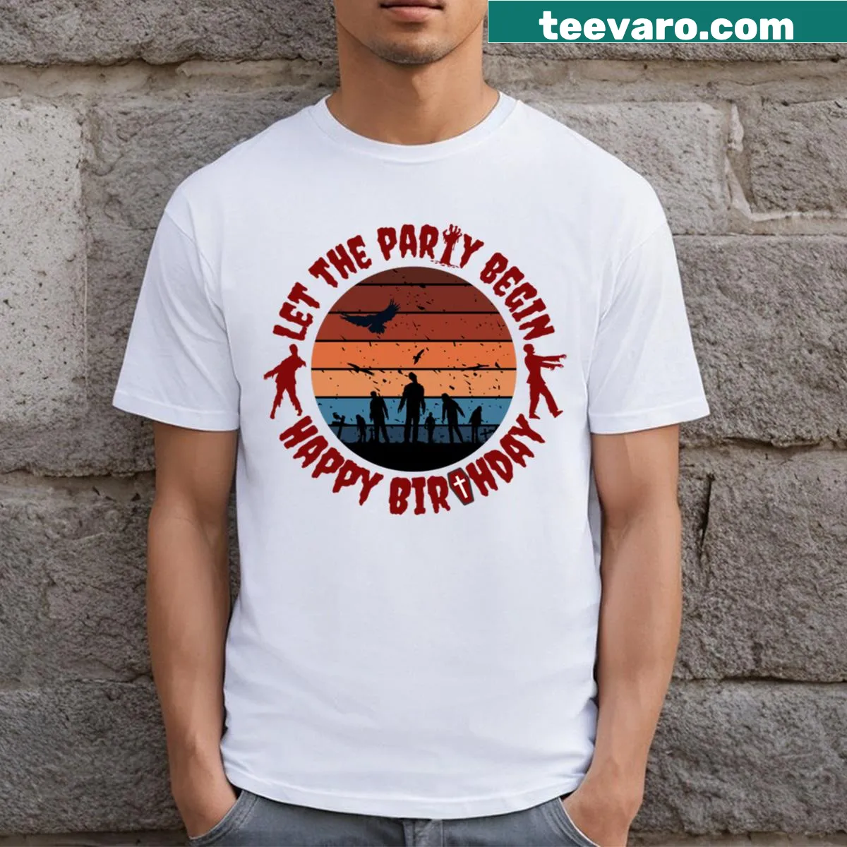 Birthday T-shirt with vintage logo saying 'Let The Party Begin' — on a men's t-shirt