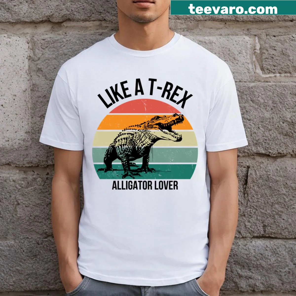 Playful T-rex and alligator design on a casual t-shirt — on a men's t-shirt